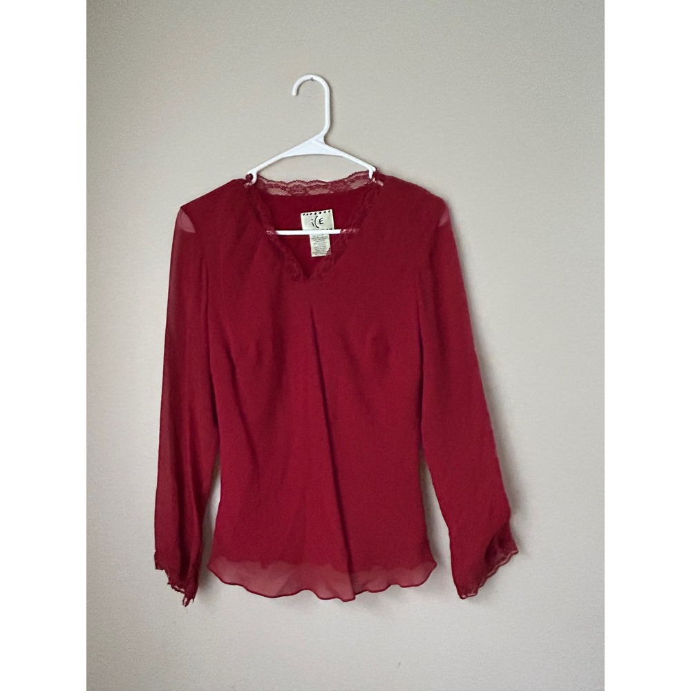 Vintage Silk‎ Blend Red Long Sleeve Lace Trim Blouse Top